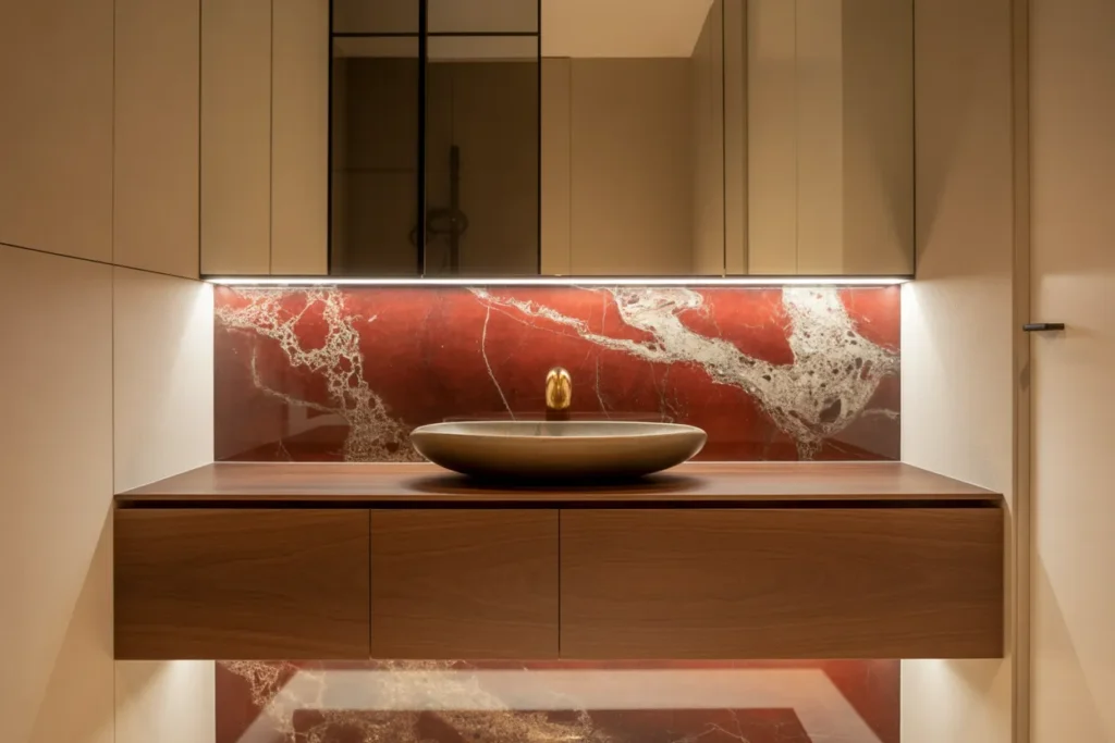Red Marble Accent Wall Behind Floating Vanity