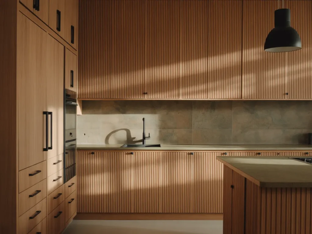 Fluted Wood Panels with Black Details