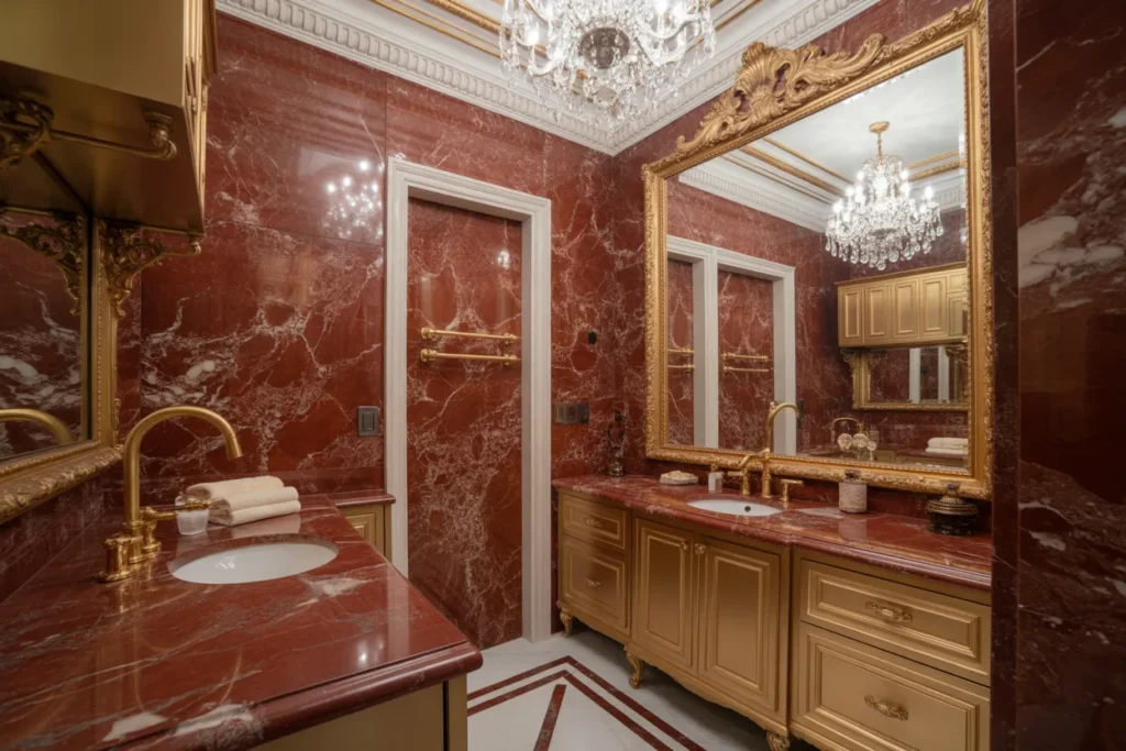 Red Marble and Gold Glam Bathroom