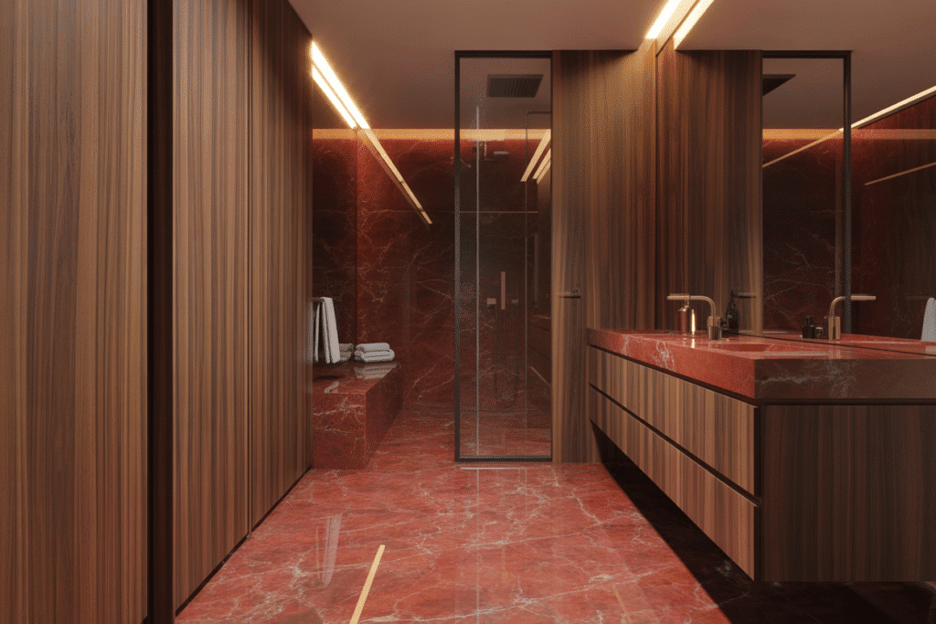 Red Marble and Dark Wood Fusion Bathroom