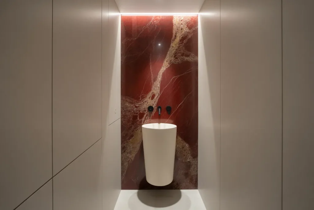 Minimalist Red Marble Powder Room