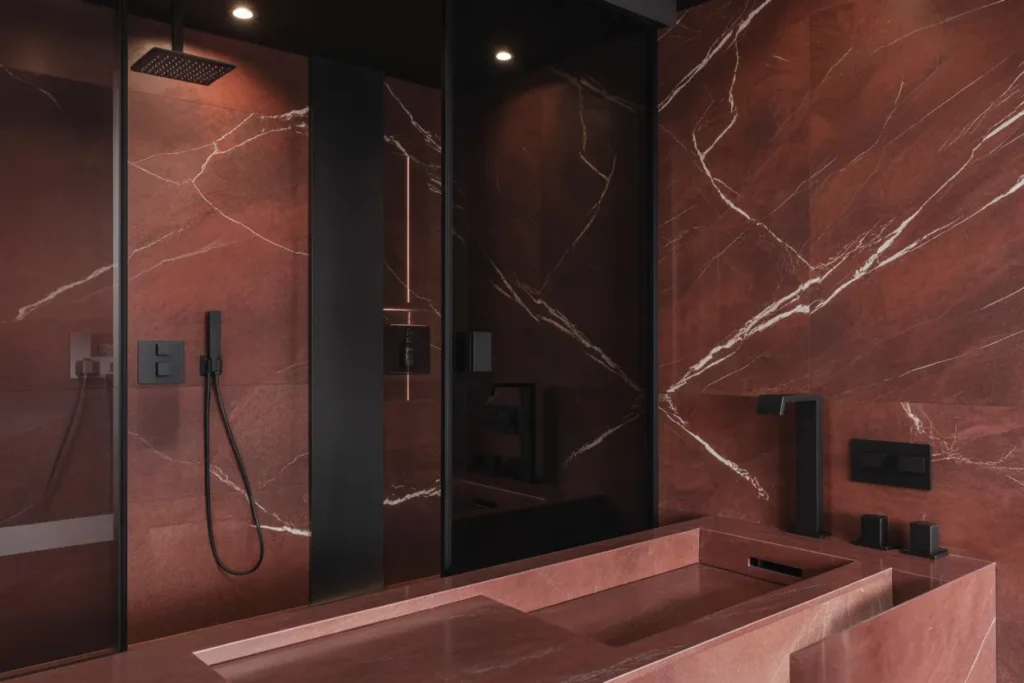 Red Marble and Black Modern Contrast Bathroom