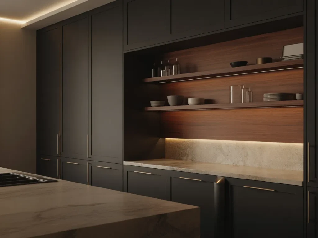 Black Cabinets with Wood Accents