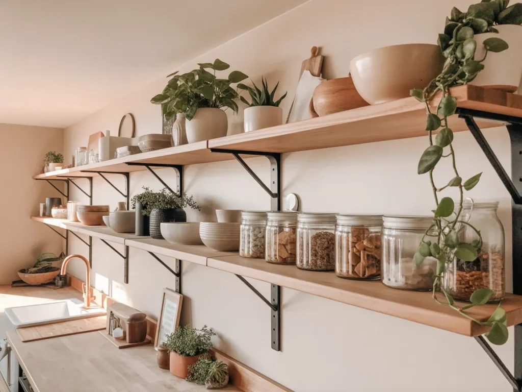 Open Shelving with Wood and Black Mix
