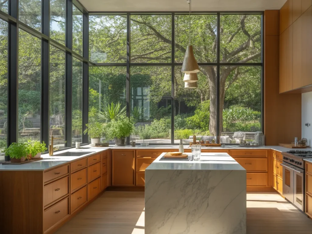 Black Window Frames in Wood Kitchens
