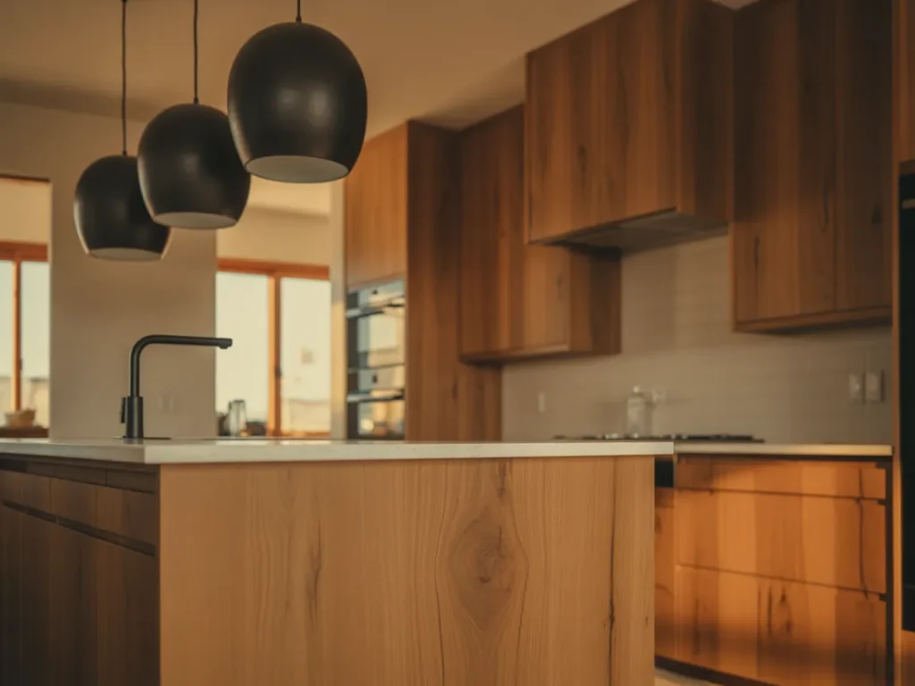 Black Fixtures with Warm Wood Backdrop