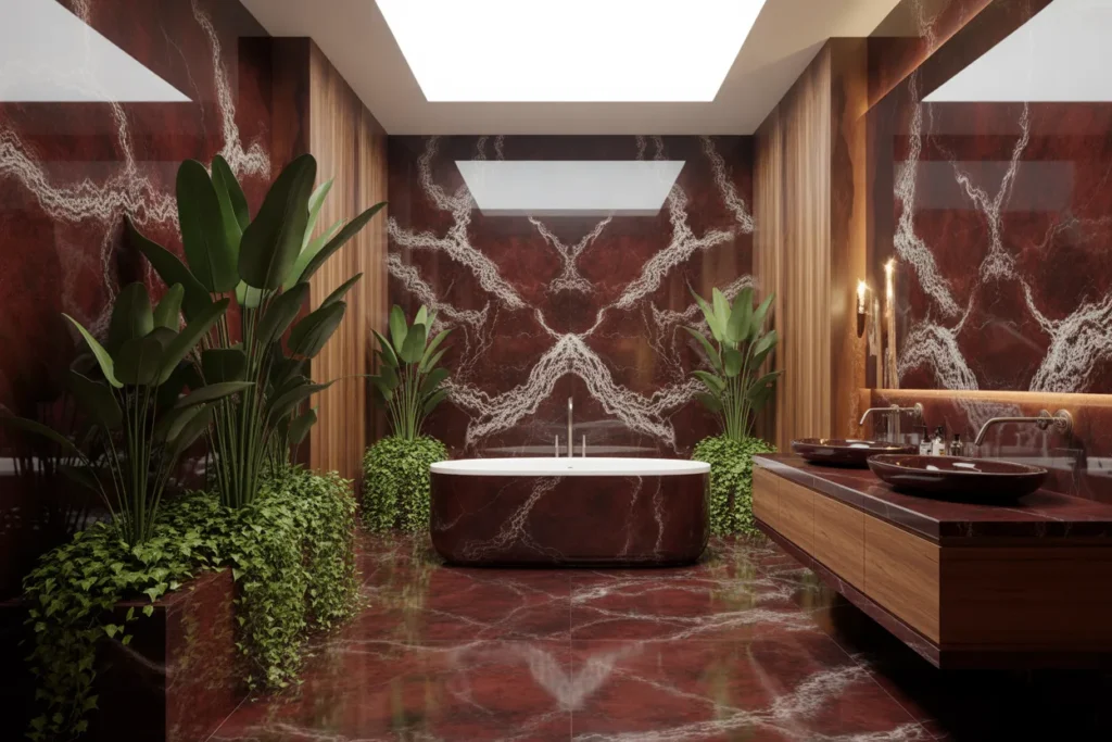 Red Marble Spa Bathroom with Indoor Plants