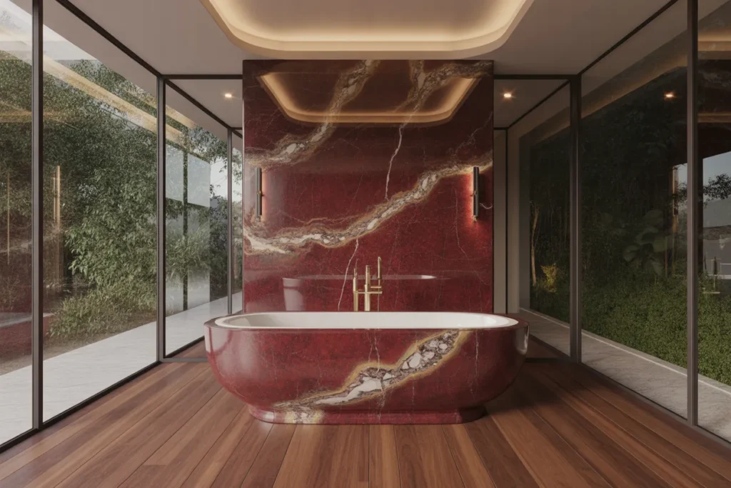 Red Marble Freestanding Bathtub Feature