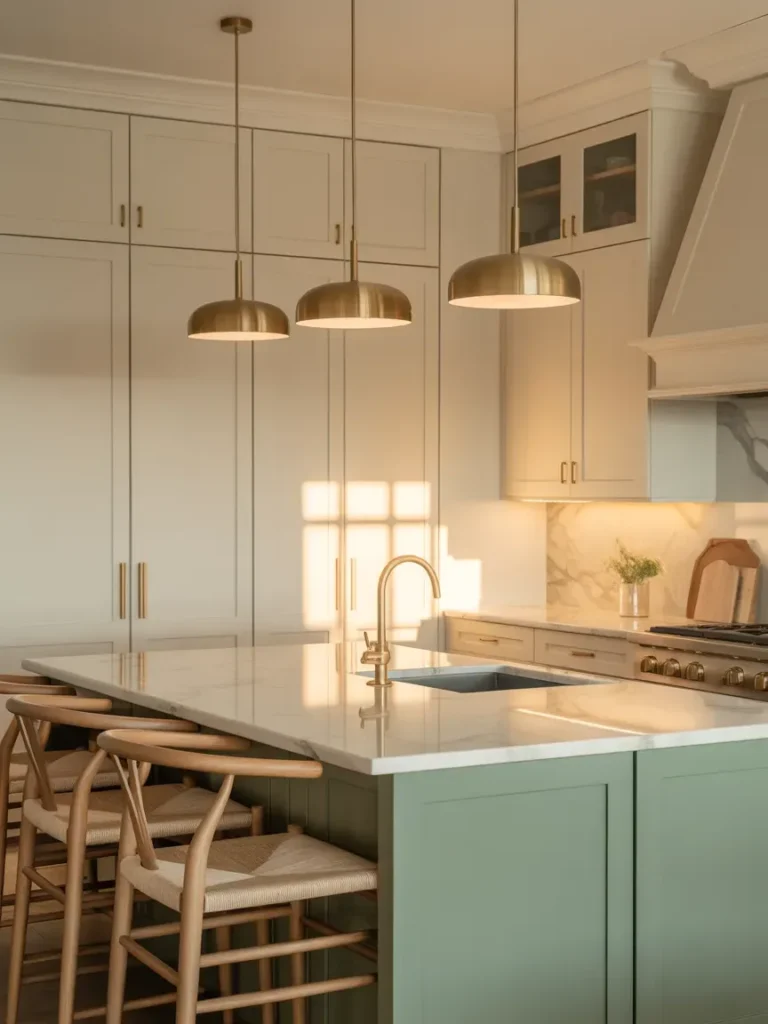 Cream Cabinets with Sage Green Island