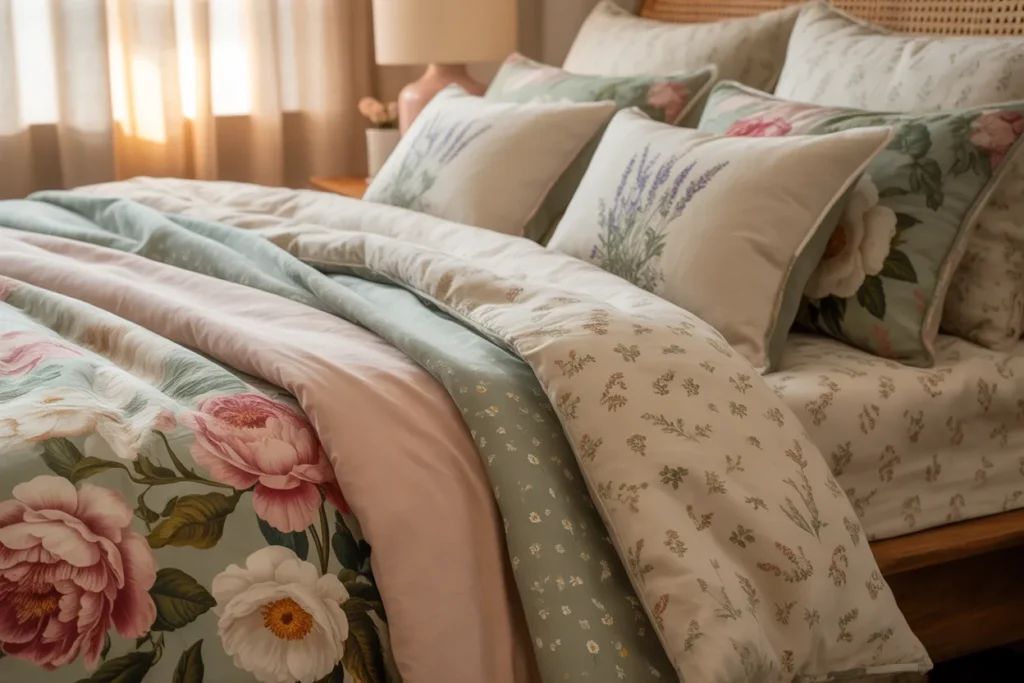 layered floral bedding mixed patterns
