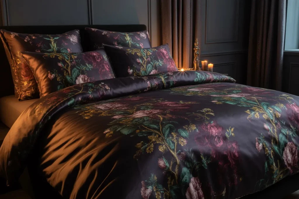dark floral bedding moody bedroom