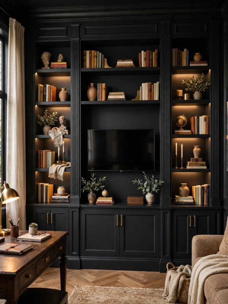 Black Accent Wall Behind Open Shelving in the Kitchen