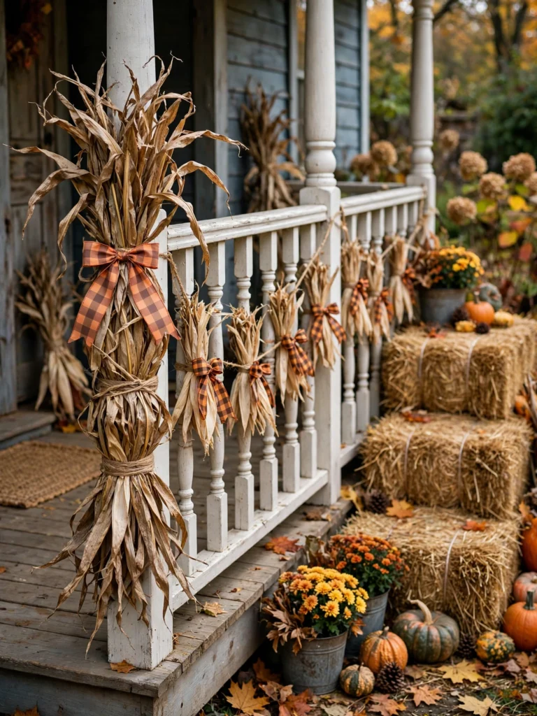 Dried Corn Husk Bundles on the Porch Posts