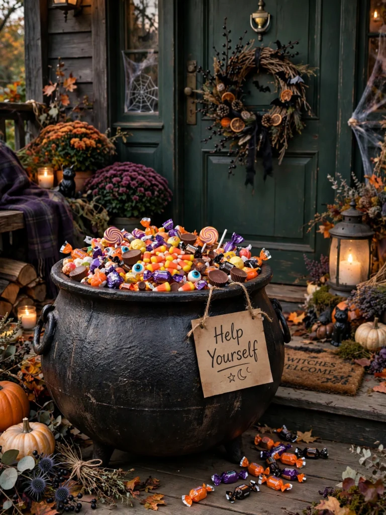 Pumpkin-Filled Cauldron Display