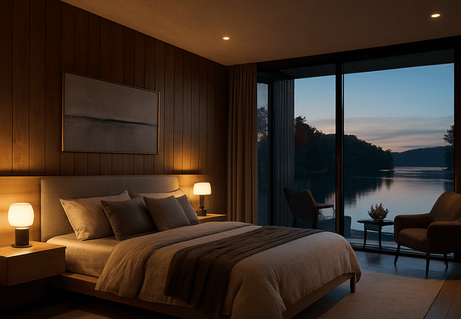 Modern master bedroom with Lake